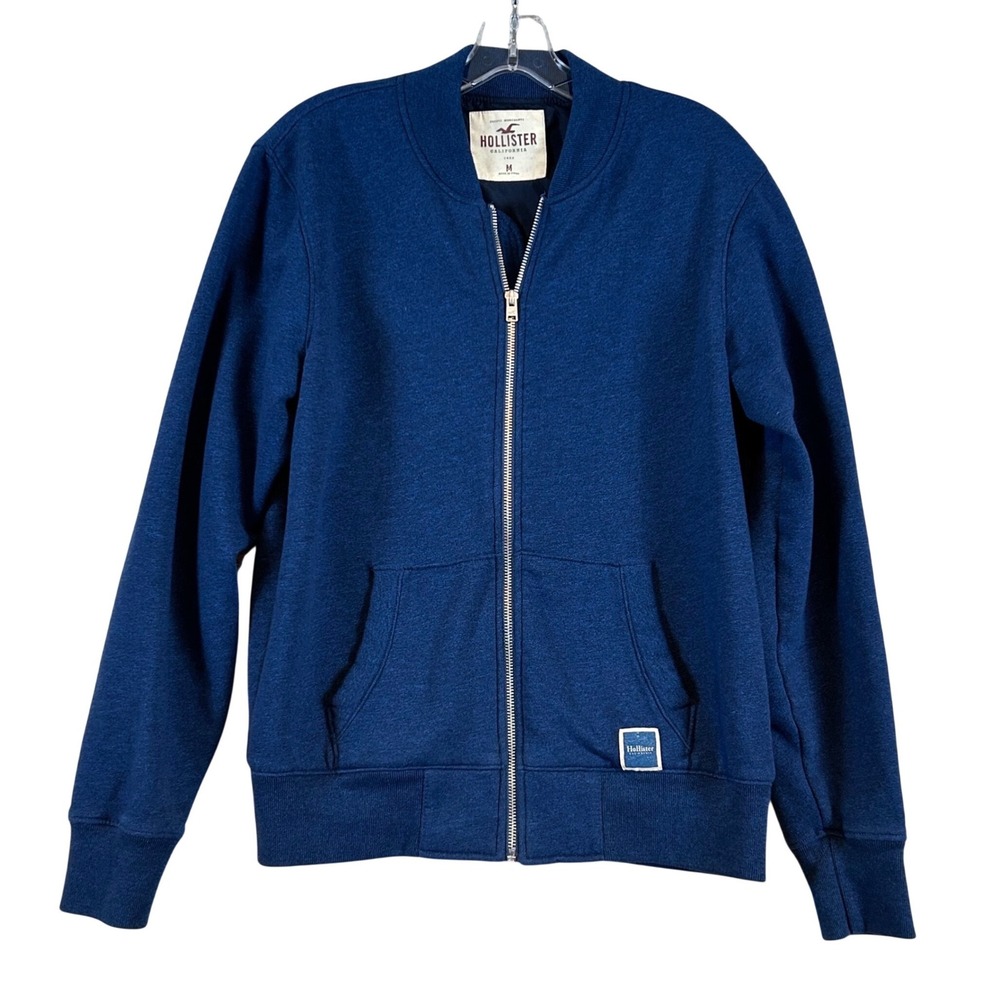 Hollister Mens Blue Marl Full Zip Bomber Sweatshirt Jacket Size M Lined Layering